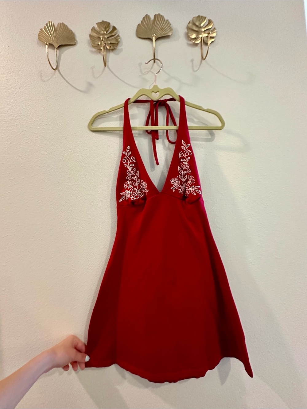 wild fable Red Halter Mini Dress with White Floral Stitching